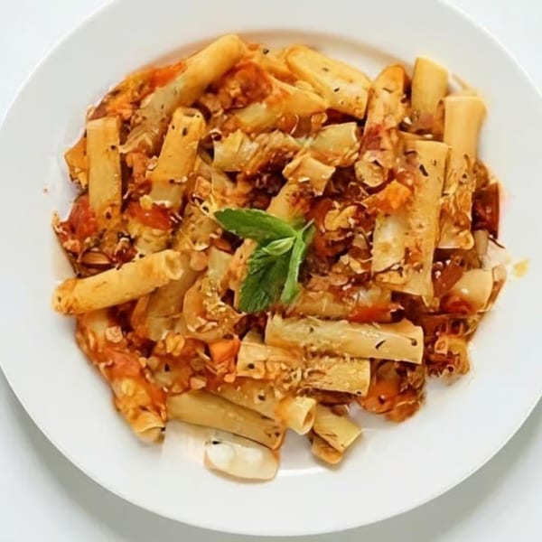 Rigatoni pasta with red sauce, cheese, and a sprig of mint on a white plate.