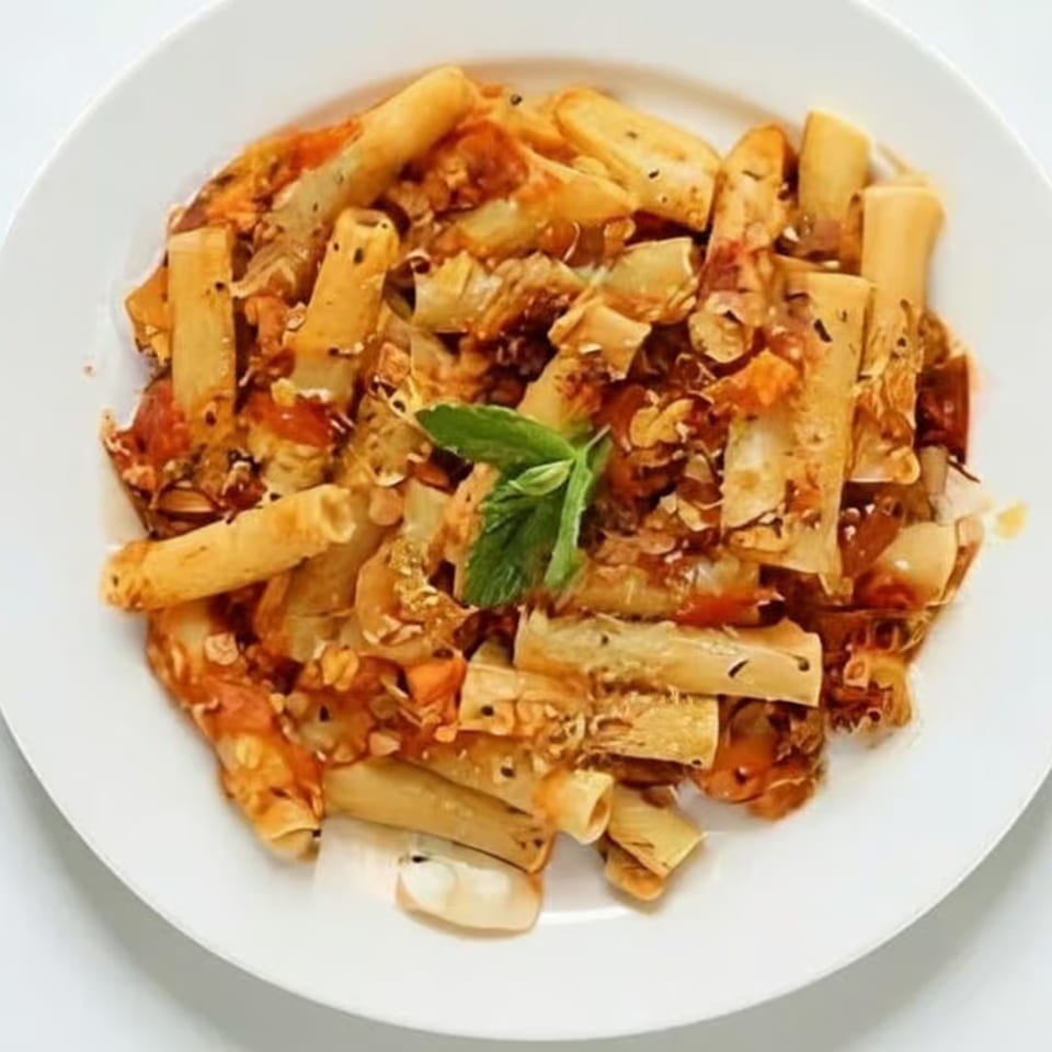 Rigatoni pasta with red sauce, cheese, and a sprig of mint on a white plate.