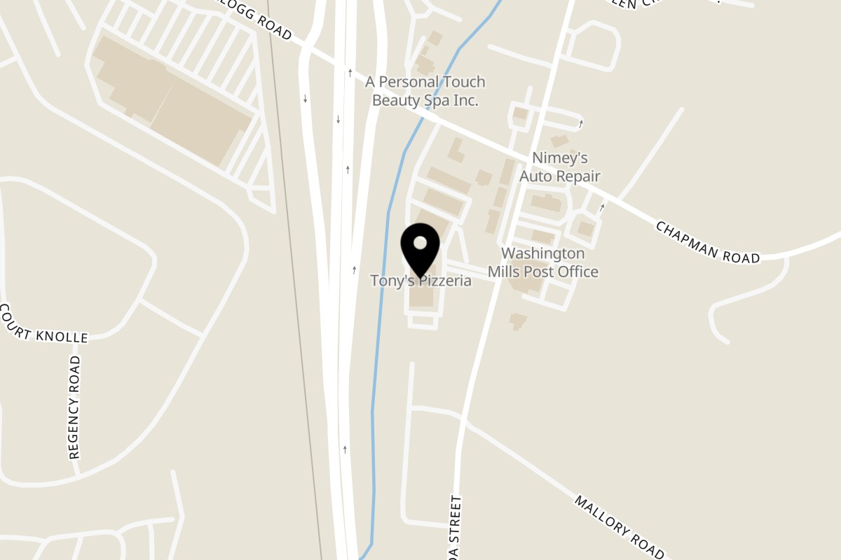 Map showing the location of Tony's Pizzeria & Sports Bar on 3899 Oneida St in New Hartford